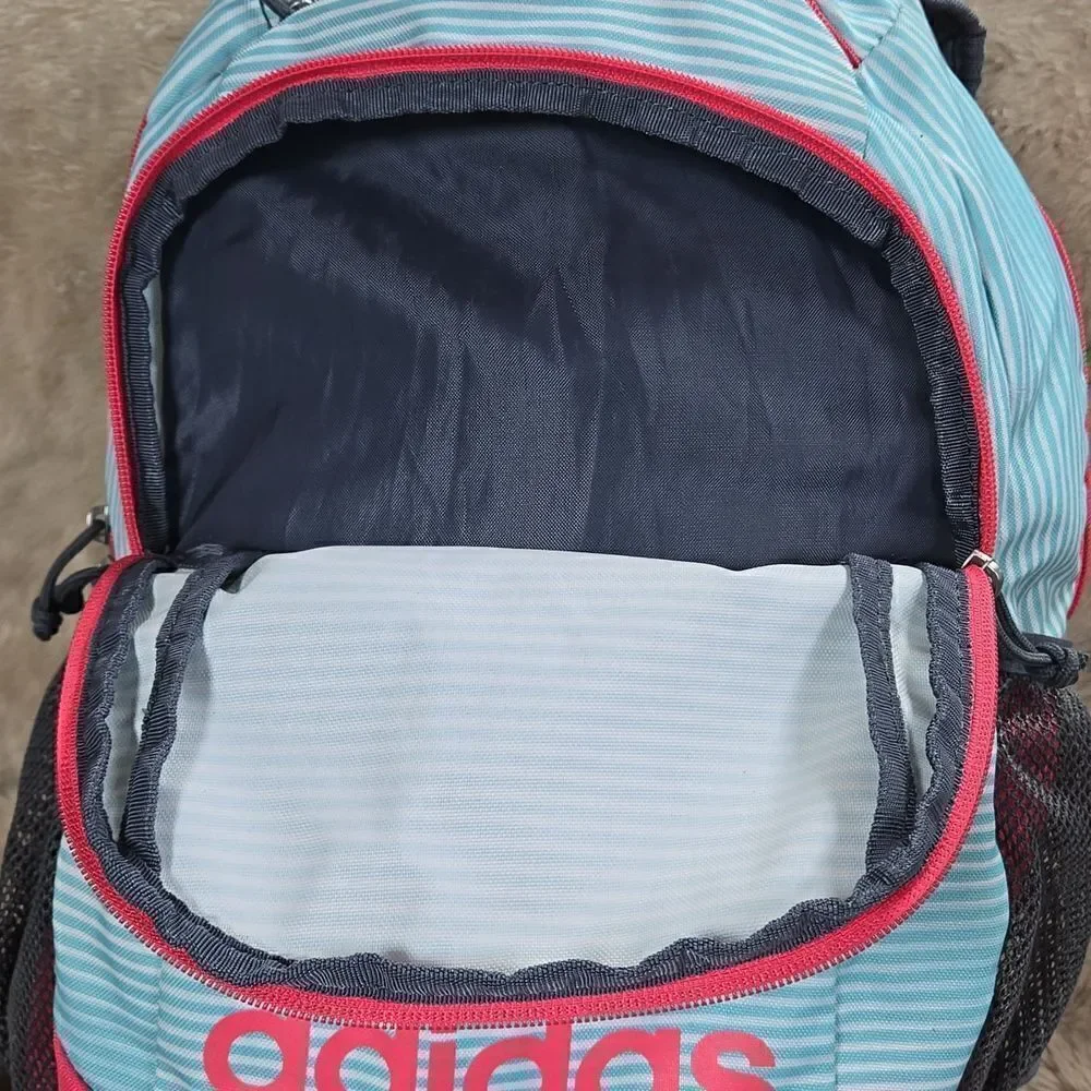 ADIDAS BTS CREATOR TURQUOISE AND WHITE STRIPED WITH PINK TRIM YOUTH BACKPACK